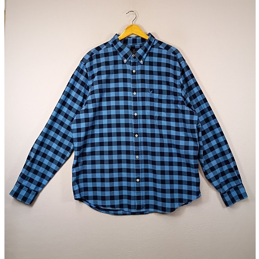 Rugged Outdoors American Eagle Mens XXL Blue Buffalo Plaid Button Down‎ Shirt
